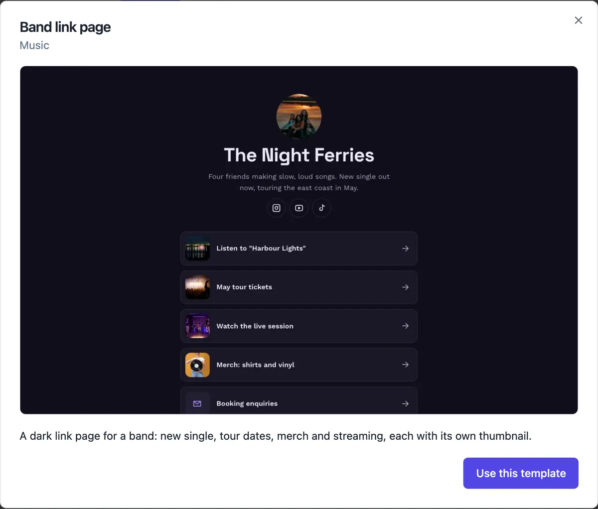 The Band link page template: a dark page with a round band photo, the name The Night Ferries, a short bio, social icons and five links with thumbnails for the single, tour tickets, a live session, merch and booking enquiries