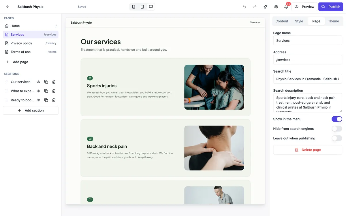 The builder on the Services page of Saltbush Physio with the Page tab open: page name, address /services, search title, search description, Show in the menu, Hide from search engines, Leave out when publishing and Delete page
