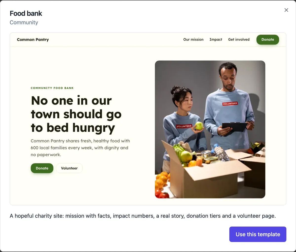 The Food bank template preview: a cream site with the heading No one in our town should go to bed hungry, Donate and Volunteer buttons, and a photo of two volunteers packing a fresh food box