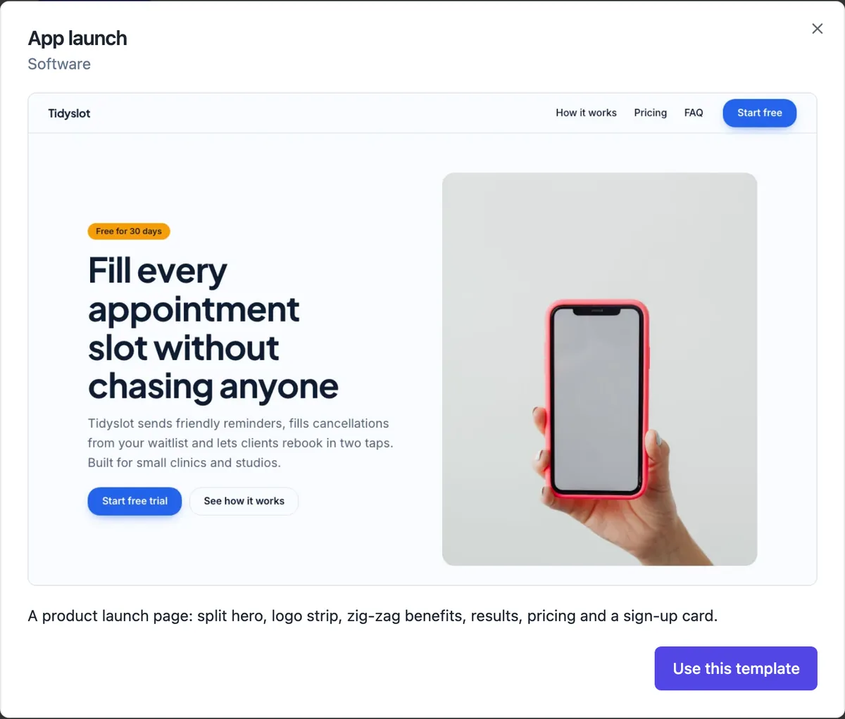 The App launch template previewed in the template picker: a single page with a split hero, a phone photo, Start free trial and See how it works buttons, and a one line description of its sections