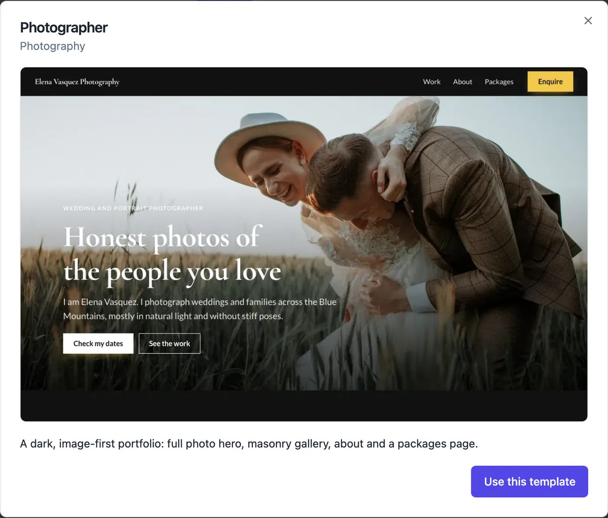 The Photographer template preview: a dark site with a full photo hero of a couple in a wheat field, the heading Honest photos of the people you love, and Check my dates and See the work buttons