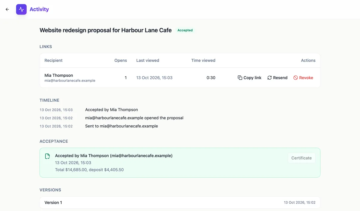 The activity page of an accepted proposal: a links table, a timeline reading sent, opened and accepted by Mia Thompson, an acceptance card with the total and deposit, and a versions list showing version 1