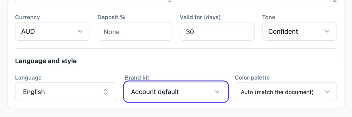 The generator options: currency AUD, deposit none, valid for 30 days, tone confident, then Language and style with language English, Brand kit set to Account default and Color palette set to Auto, match the document