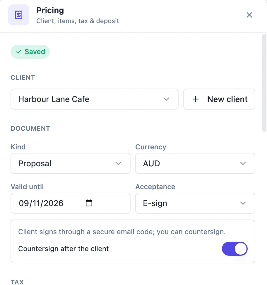 The Pricing panel with Acceptance set to E-sign and a box reading Client signs through a secure email code; you can countersign, with a Countersign after the client switch turned on, above the tax and deposit settings