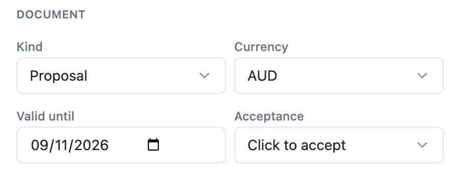 The Document section of the Pricing panel: Kind set to Proposal, Currency AUD, Valid until 09/11/2026 with a date picker, and Acceptance set to Click to accept