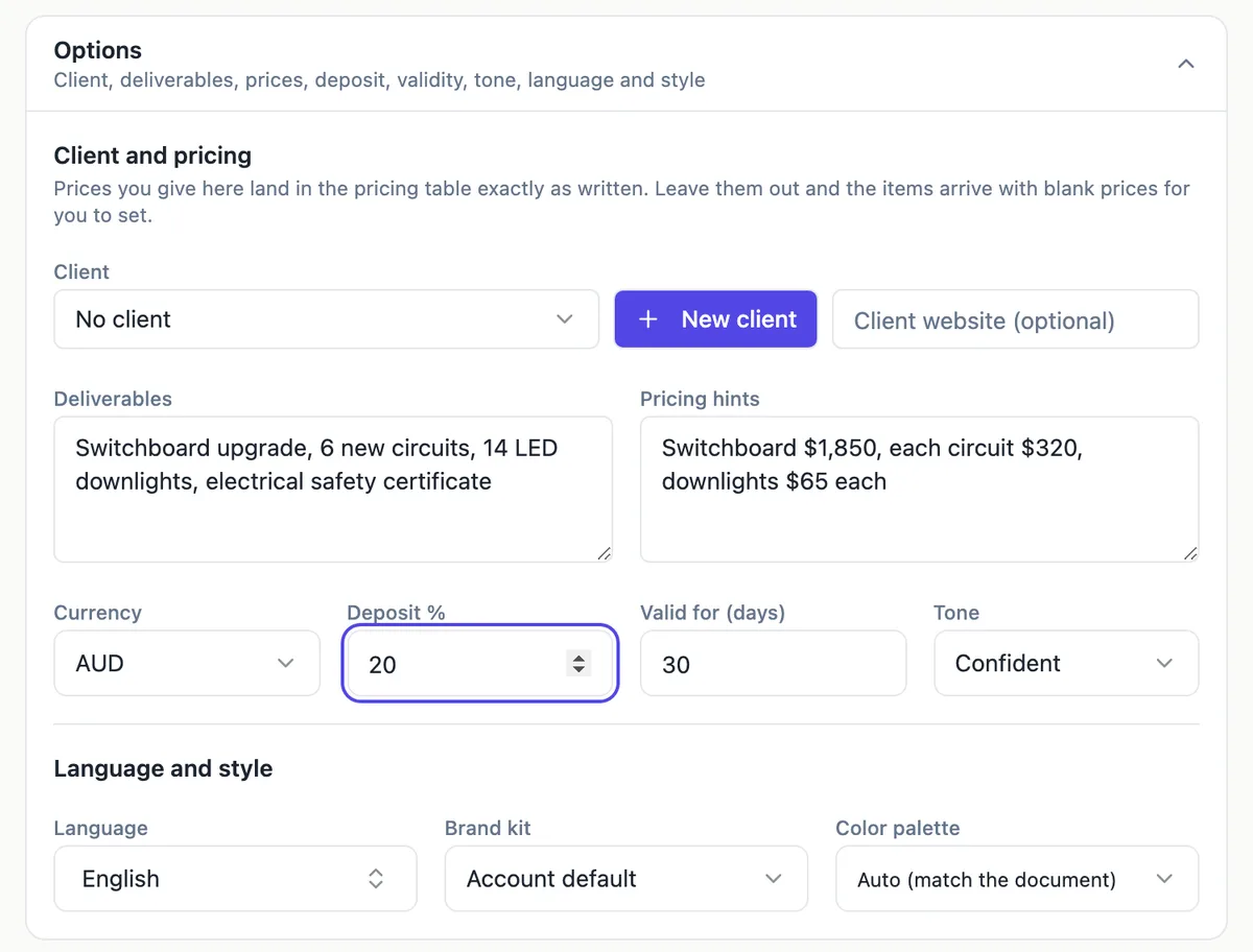 The Options panel of the generator: Client and pricing with a note that given prices land in the table exactly as written, then client, deliverables, pricing hints, currency, deposit percent, validity days and tone