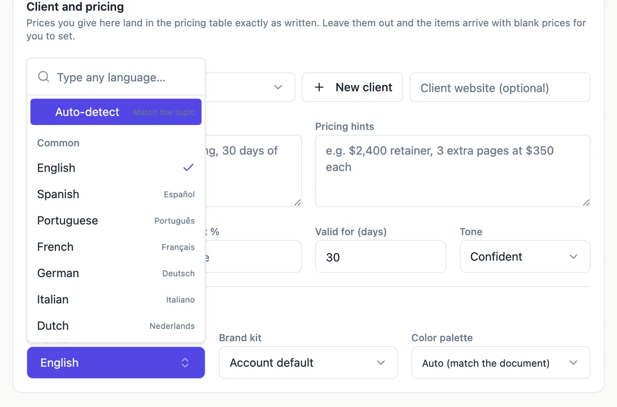 The language picker open in the generator options: a search box reading Type any language, Auto-detect, and a Common list with English ticked, then Spanish, Portuguese, French, German, Italian and Dutch