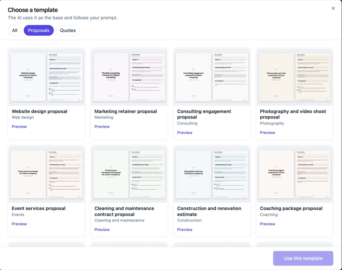 The Choose a template dialog on the Proposals tab: preview cards for the website design, marketing retainer, consulting engagement, photography and video shoot, event services, cleaning and maintenance, construction and renovation, and coaching package proposals