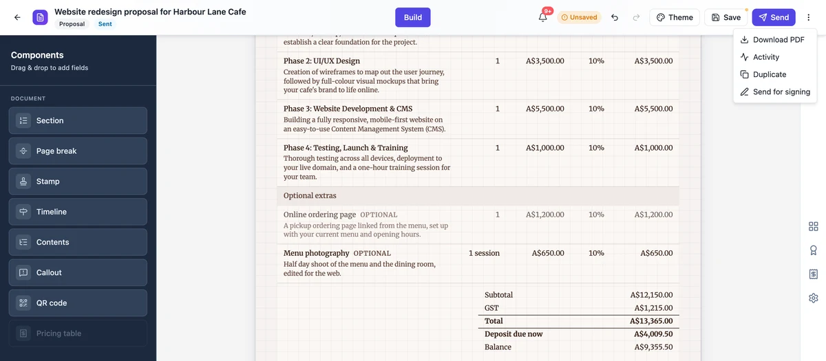 The proposal builder with the header menu open on four actions: Download PDF, Activity, Duplicate and Send for signing, beside a pricing table with optional extras and totals