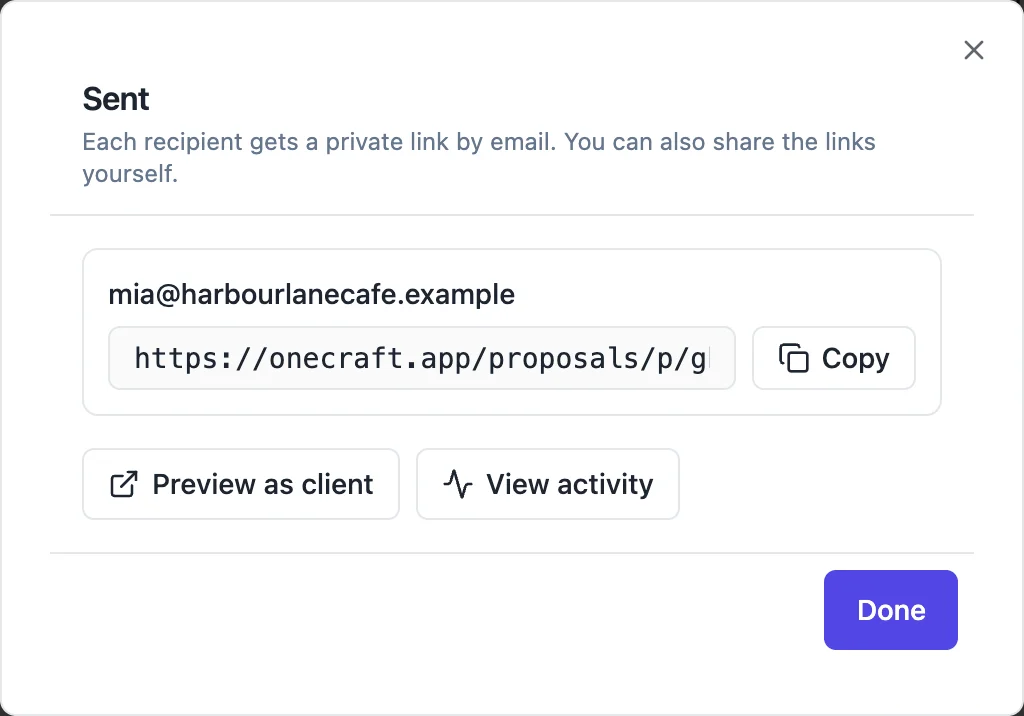 The Sent dialog: each recipient gets a private link by email and can also be shared directly, with the recipient email, the link in a box with a Copy button, Preview as client and View activity