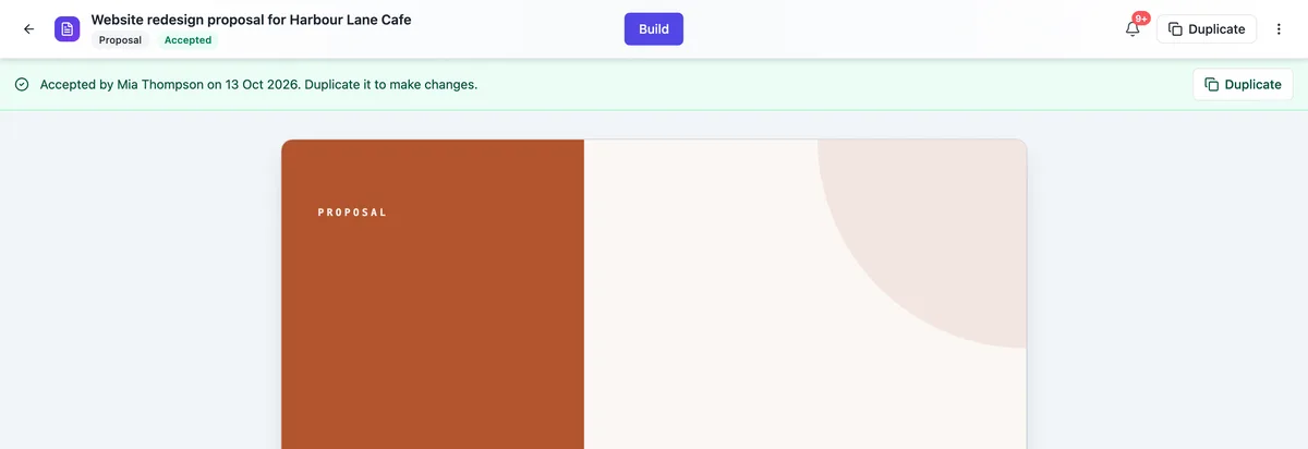 An accepted proposal in the builder: a green banner reading Accepted by Mia Thompson on 13 Oct 2026, duplicate it to make changes, a Duplicate button in the header, and the cover page of the frozen proposal below