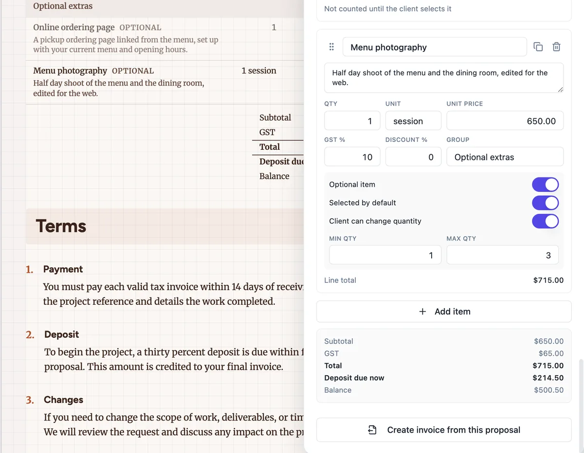 The Pricing panel next to the proposal: a Menu photography item set as optional, selected by default and quantity editable with a minimum of 1 and a maximum of 3, its line total, the running totals and a Create invoice from this proposal button