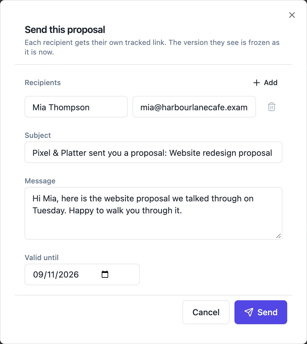 The Send this proposal dialog: a note that each recipient gets their own tracked link and the version is frozen, a recipient row with a name and an email, a subject field, a message box, a valid until date and Cancel and Send buttons