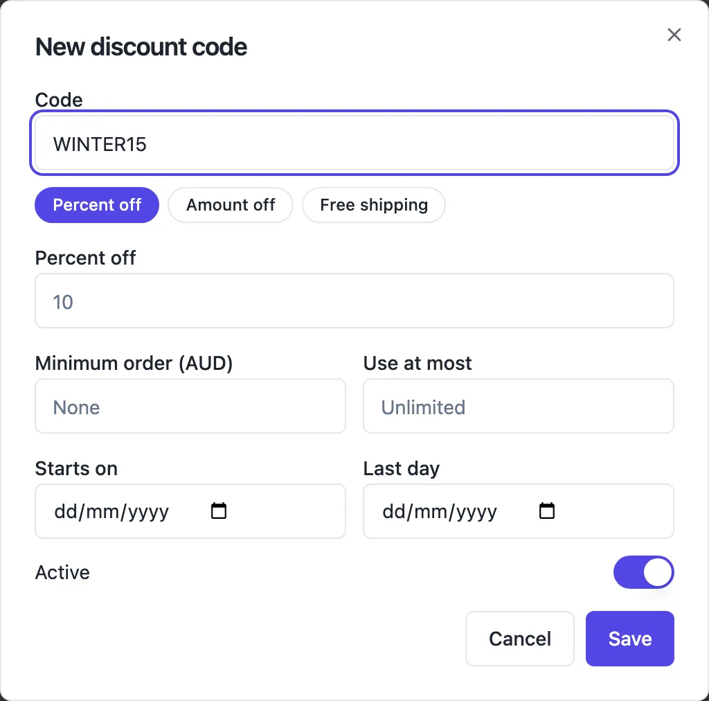 The New discount code dialog with the code WINTER15, Percent off, Amount off and Free shipping choices, a percent field, minimum order in AUD, use at most, start and last day dates and an Active switch