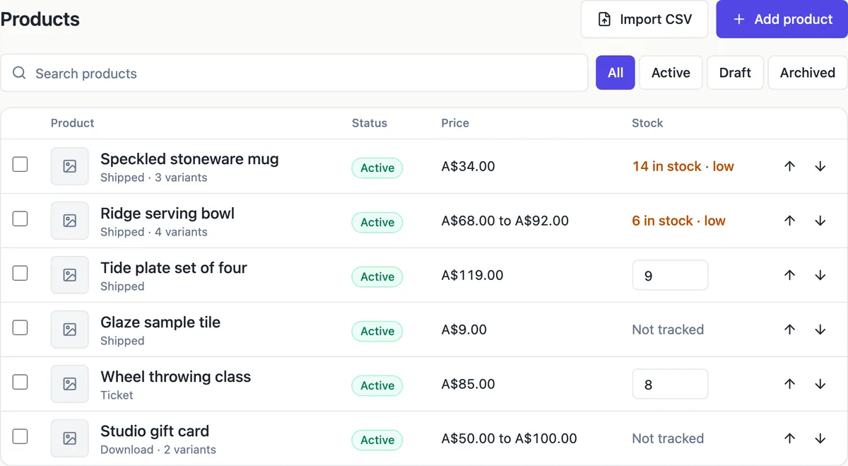 The Products list with search, status filters and six products showing status, price or price range and stock, two of them marked low in orange, one not tracked, and reorder arrows