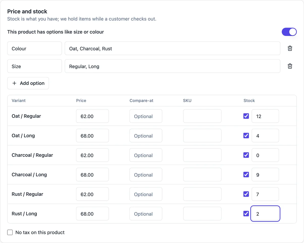 The Price and stock card with options switched on: Colour with Oat, Charcoal and Rust, Size with Regular and Long, and a table of six variants each with price, compare at price, SKU and stock