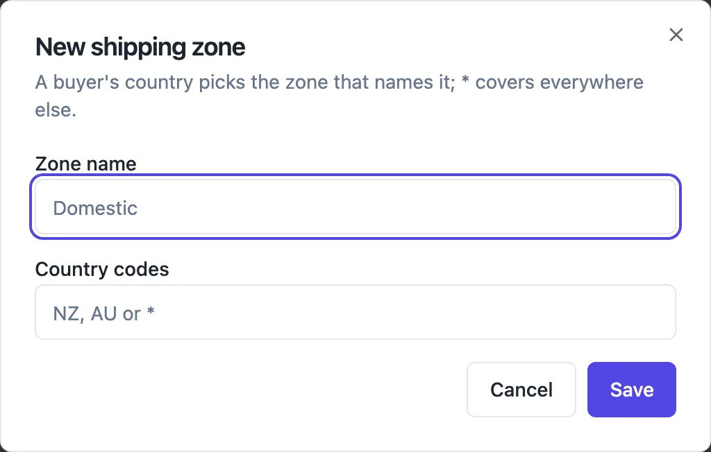 The New shipping zone dialog with a zone name field showing Domestic, a country codes field with NZ, AU or star as examples, the note that a buyer country picks the zone that names it and star covers everywhere else, and Save