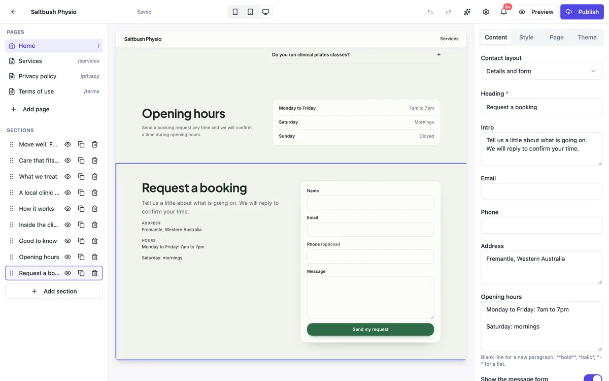 The builder with the Request a booking section selected on Saltbush Physio: the preview shows opening hours and a request form, and the Content panel shows the contact layout, heading, intro, email, phone, address and opening hours fields