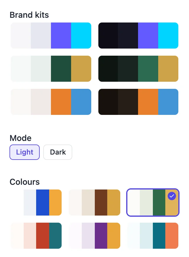 The Theme tab with the Brand kits group showing three saved kits, each as a light and a dark swatch, above the Mode switch and the Colours palettes