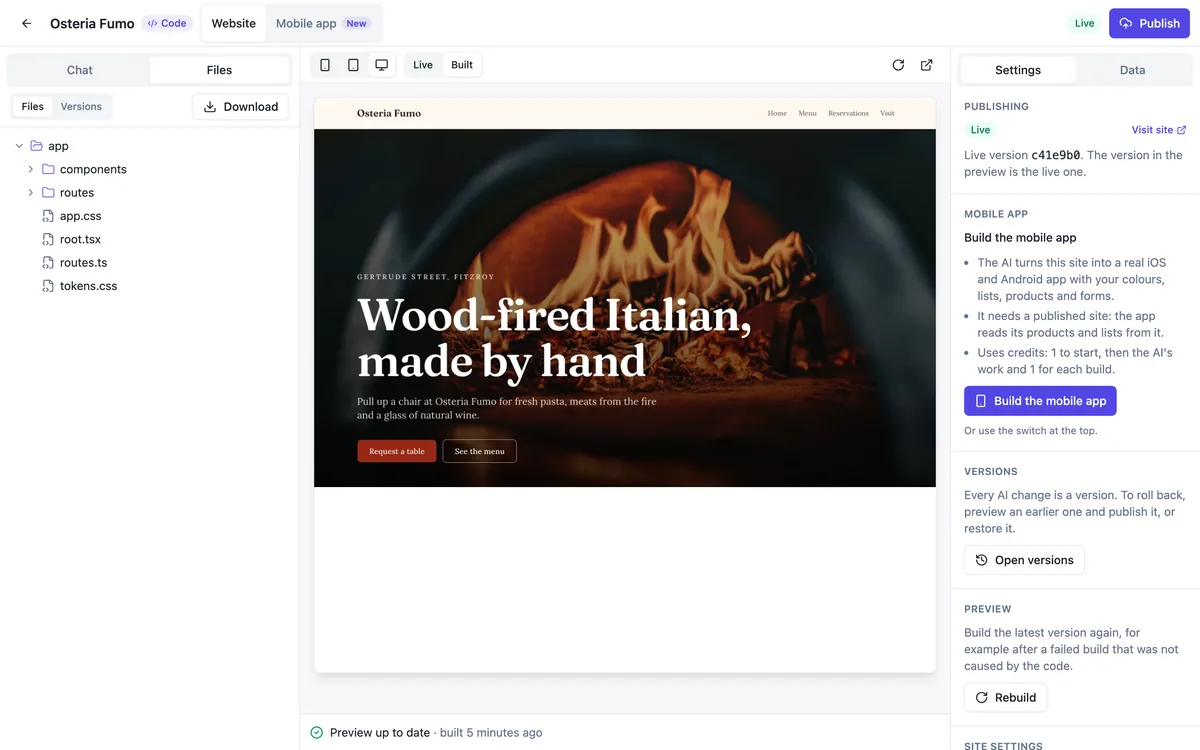The code builder with the Files tab open: Files and Versions tabs, a Download button, and a file tree with the app folder, components, routes, app.css, root.tsx, routes.ts and tokens.css