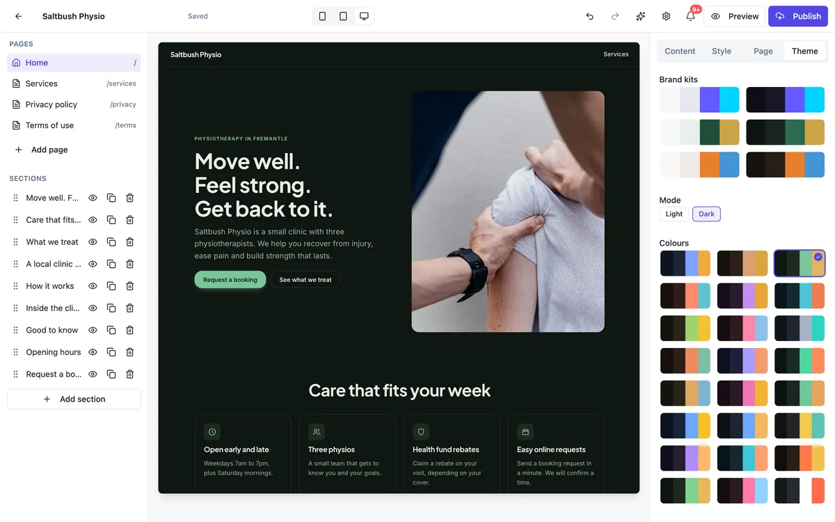 The builder with the Theme tab open and Mode set to Dark: the Saltbush Physio home page in the preview has a near black background, light text and green buttons, and the palette swatches show their dark versions