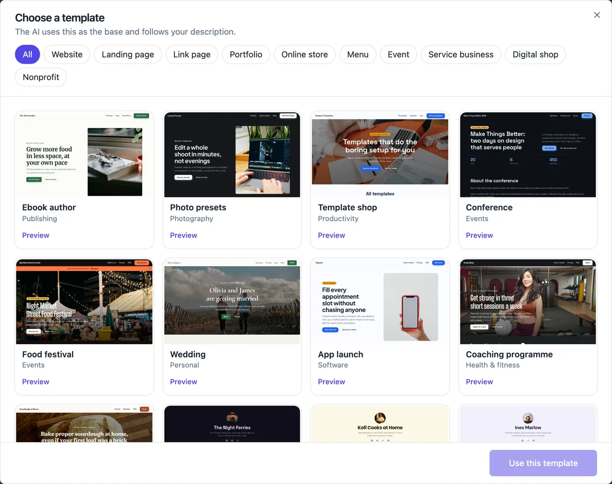 The Choose a template dialog with the All filter selected and kind filters for Website, Landing page, Link page, Portfolio, Online store, Menu, Event, Service business, Digital shop and Nonprofit, above template cards with previews