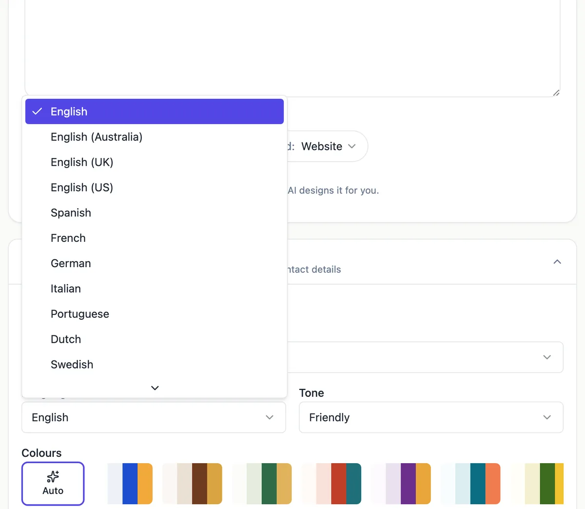 The generator Options panel with the Language menu open listing English, English (Australia), English (UK), English (US), Spanish, French, German, Italian, Portuguese, Dutch and Swedish