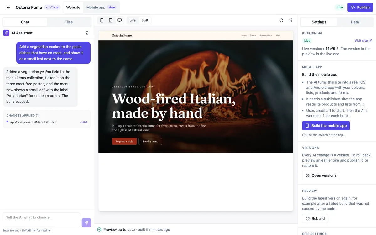The code builder for Osteria Fumo: chat on the left with a request and the AI reply listing a changed file, the preview in the middle with Live and Built buttons and a Preview up to date status, and the settings column on the right