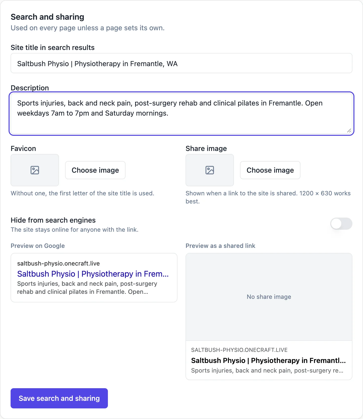 The Search and sharing card: site title in search results, description, favicon and share image pickers, a Hide from search engines switch, a Preview on Google and a Preview as a shared link