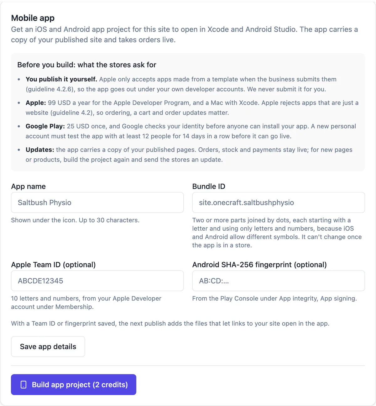 The Mobile app card: Before you build with the store checklist for Apple and Google, app name, bundle ID site.onecraft.saltbushphysio, optional Apple Team ID and Android SHA-256 fingerprint, and a Build app project (2 credits) button