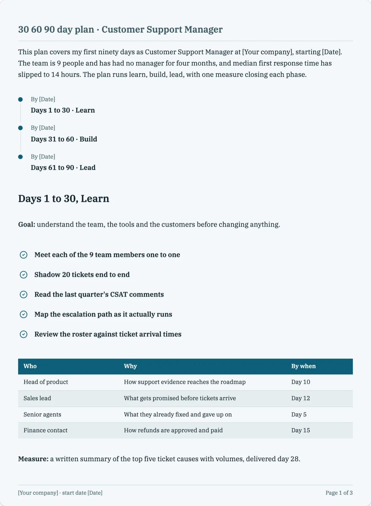 The 30 60 90 Day Plan template, first page