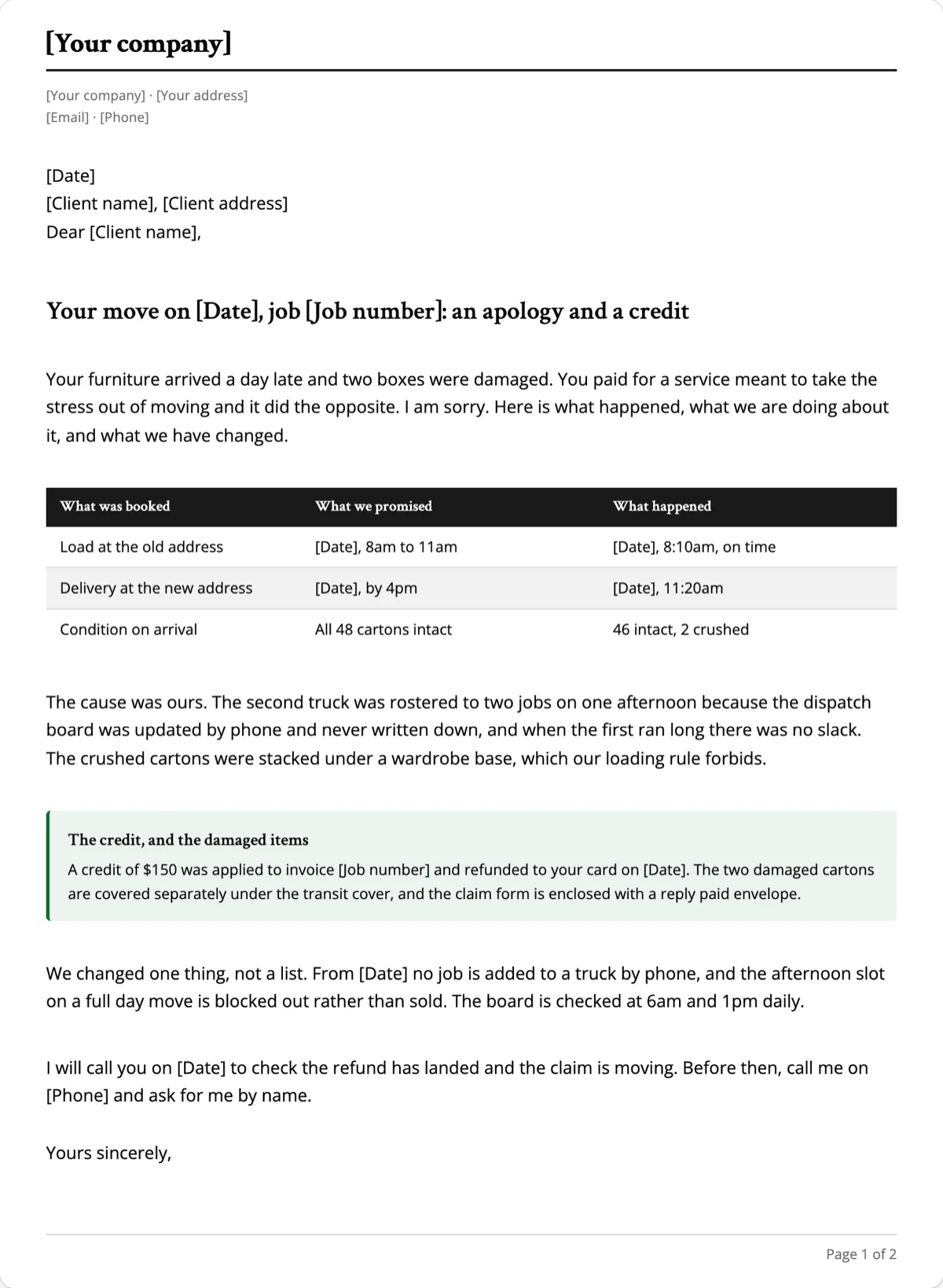 The Apology Letter to a Customer template, first page