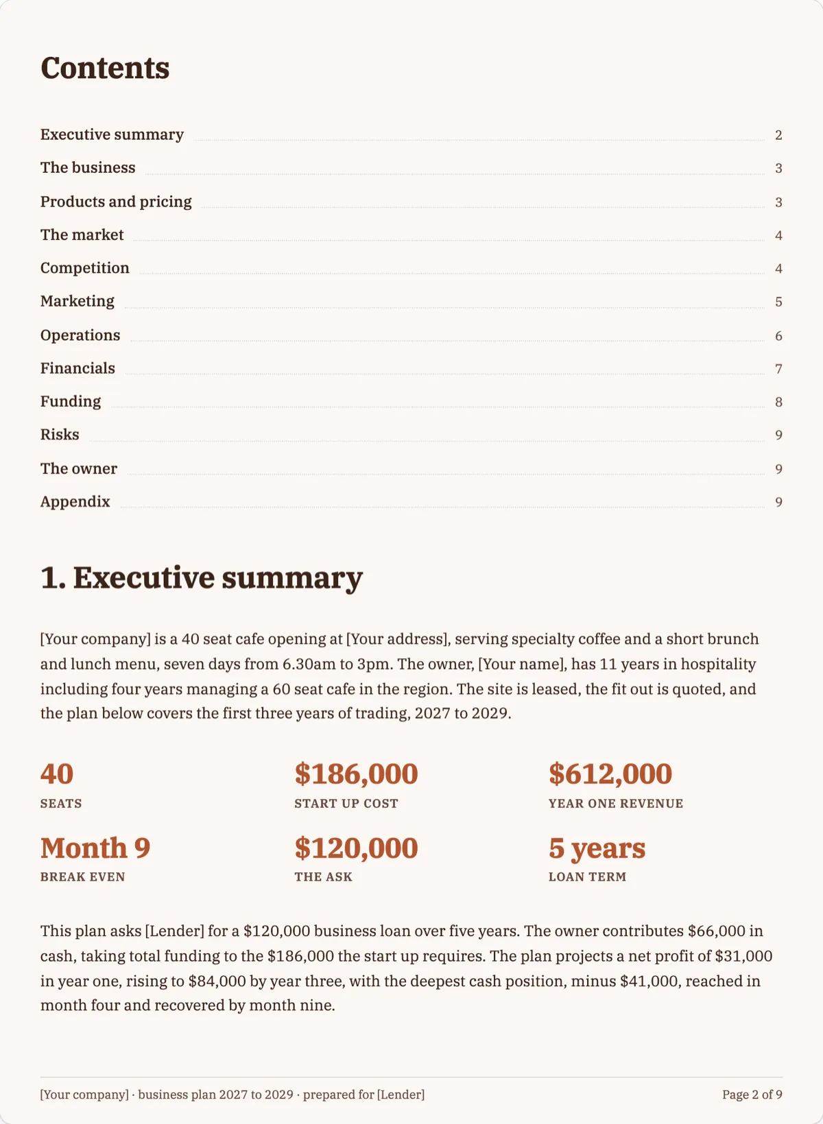 The Business Plan template, first page after the cover