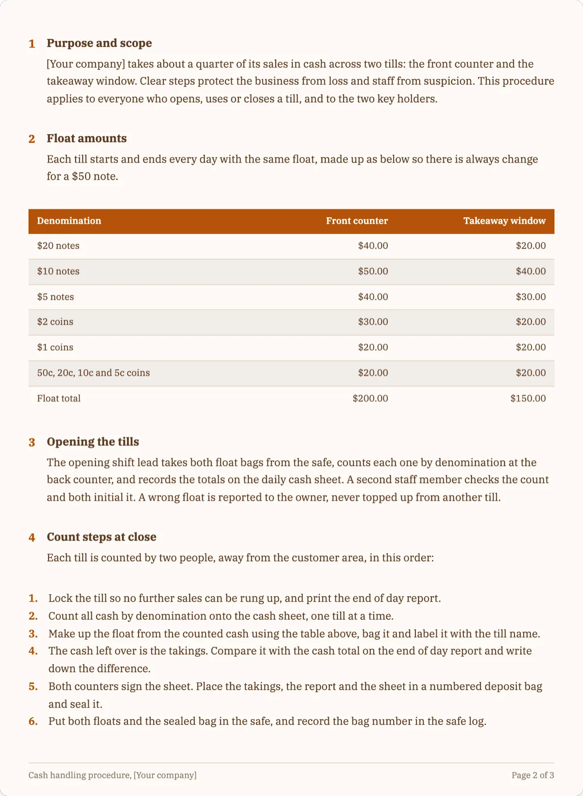 The Cash Handling Procedure template, first page after the cover