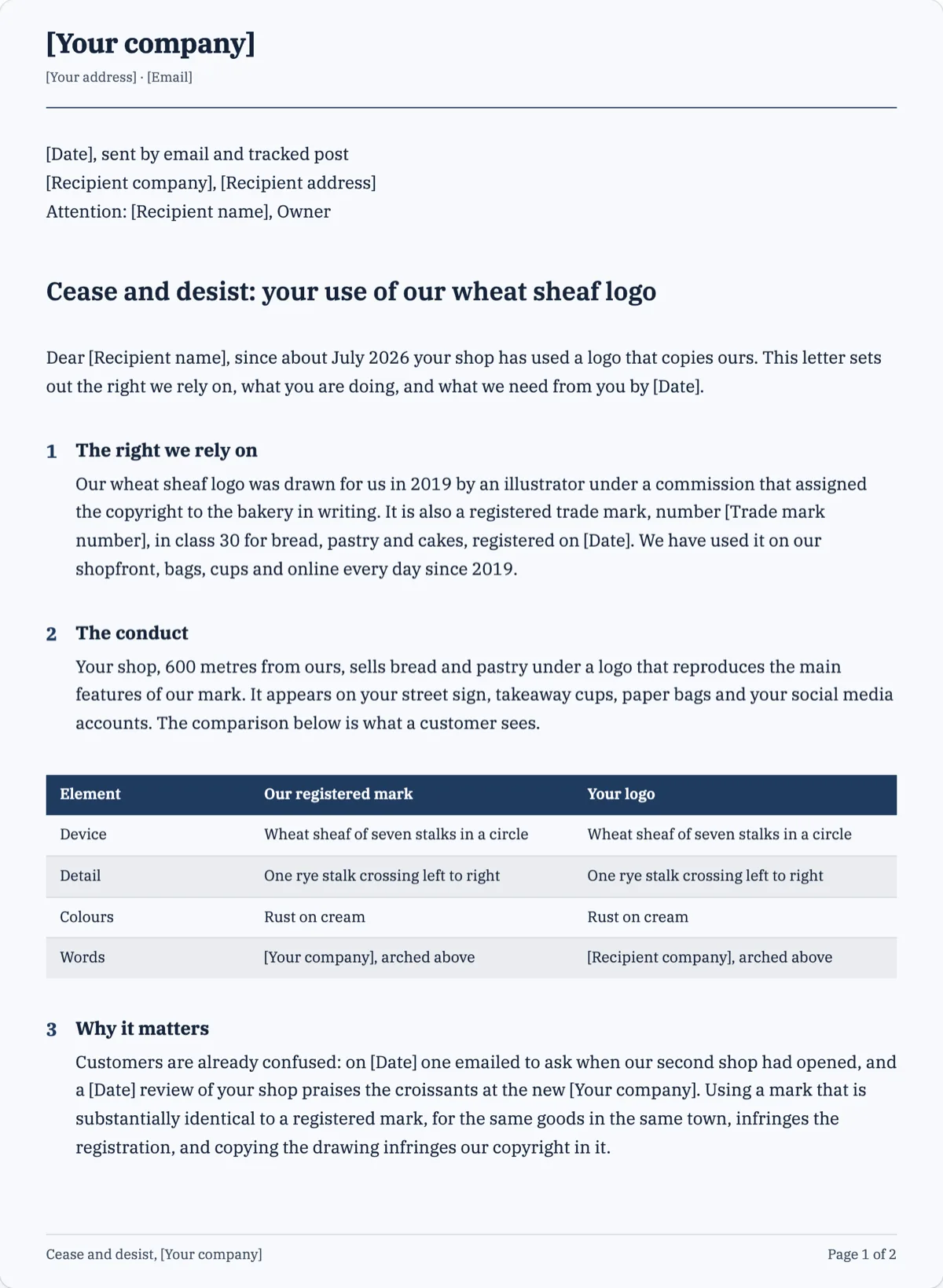 The Cease and Desist Letter template, first page