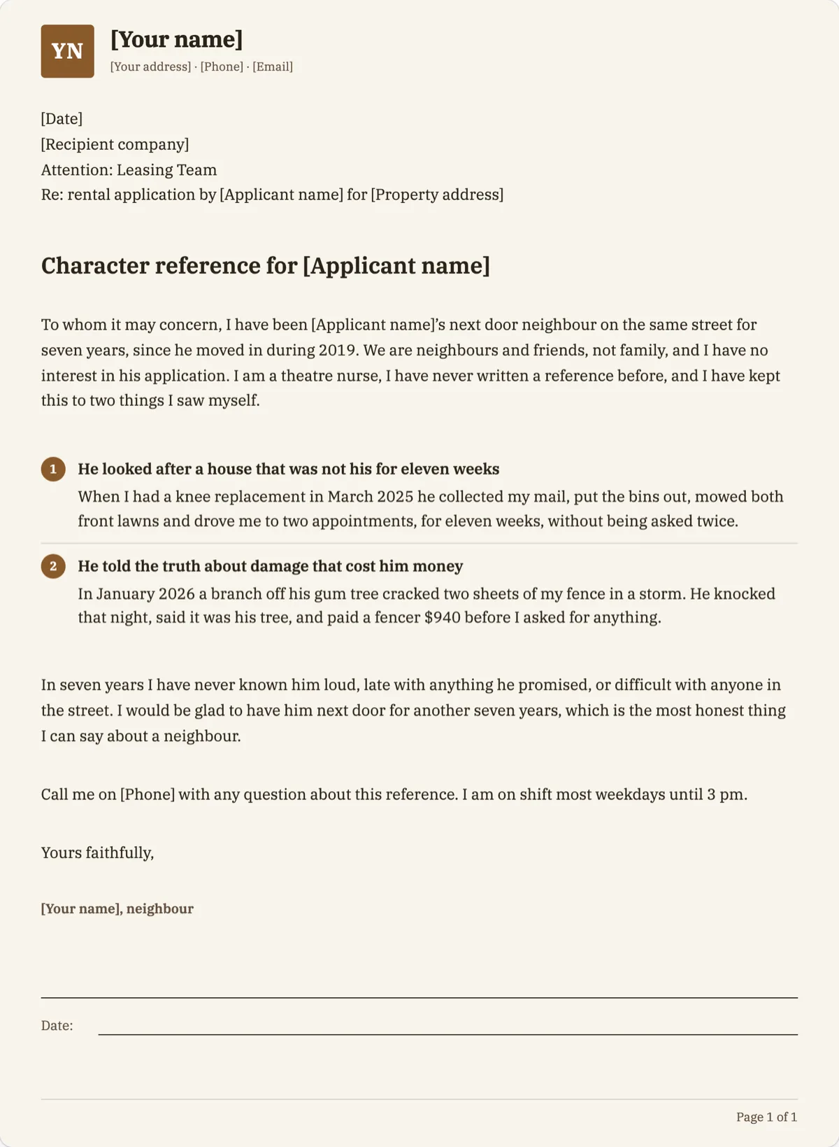 The Character Reference Letter template, first page