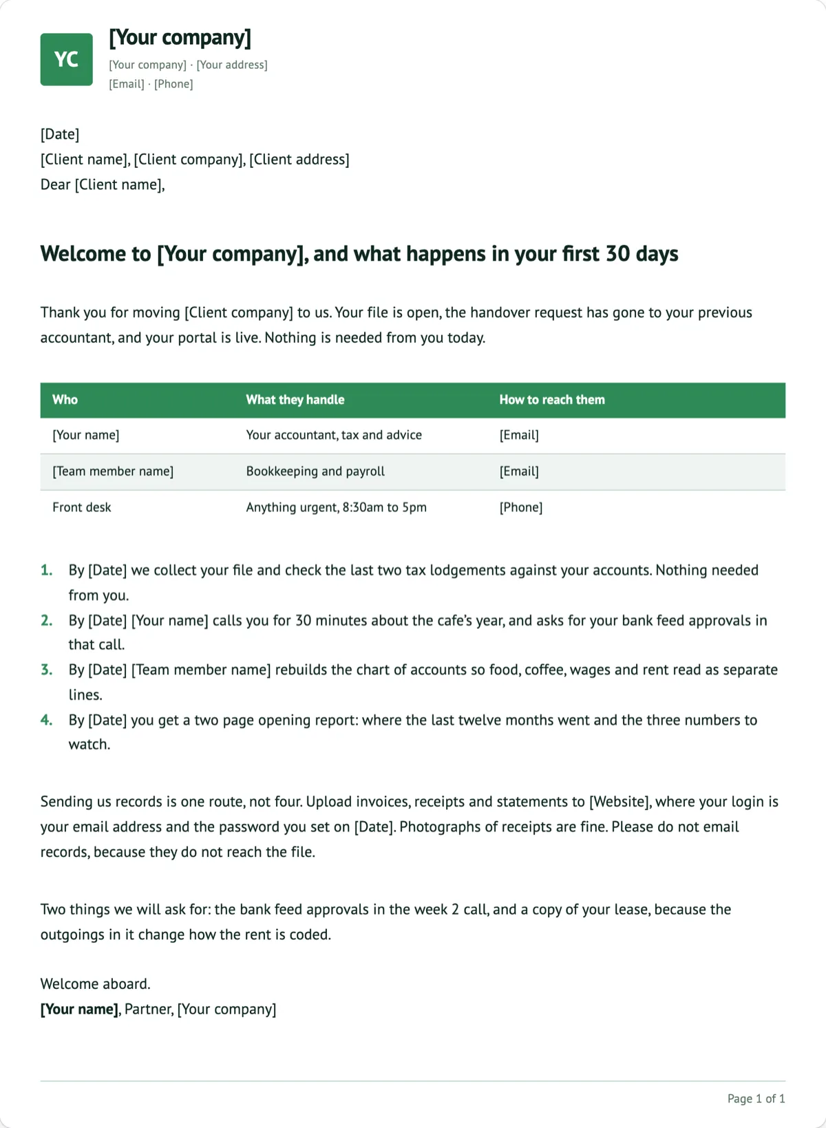 The Client Welcome Letter template, first page