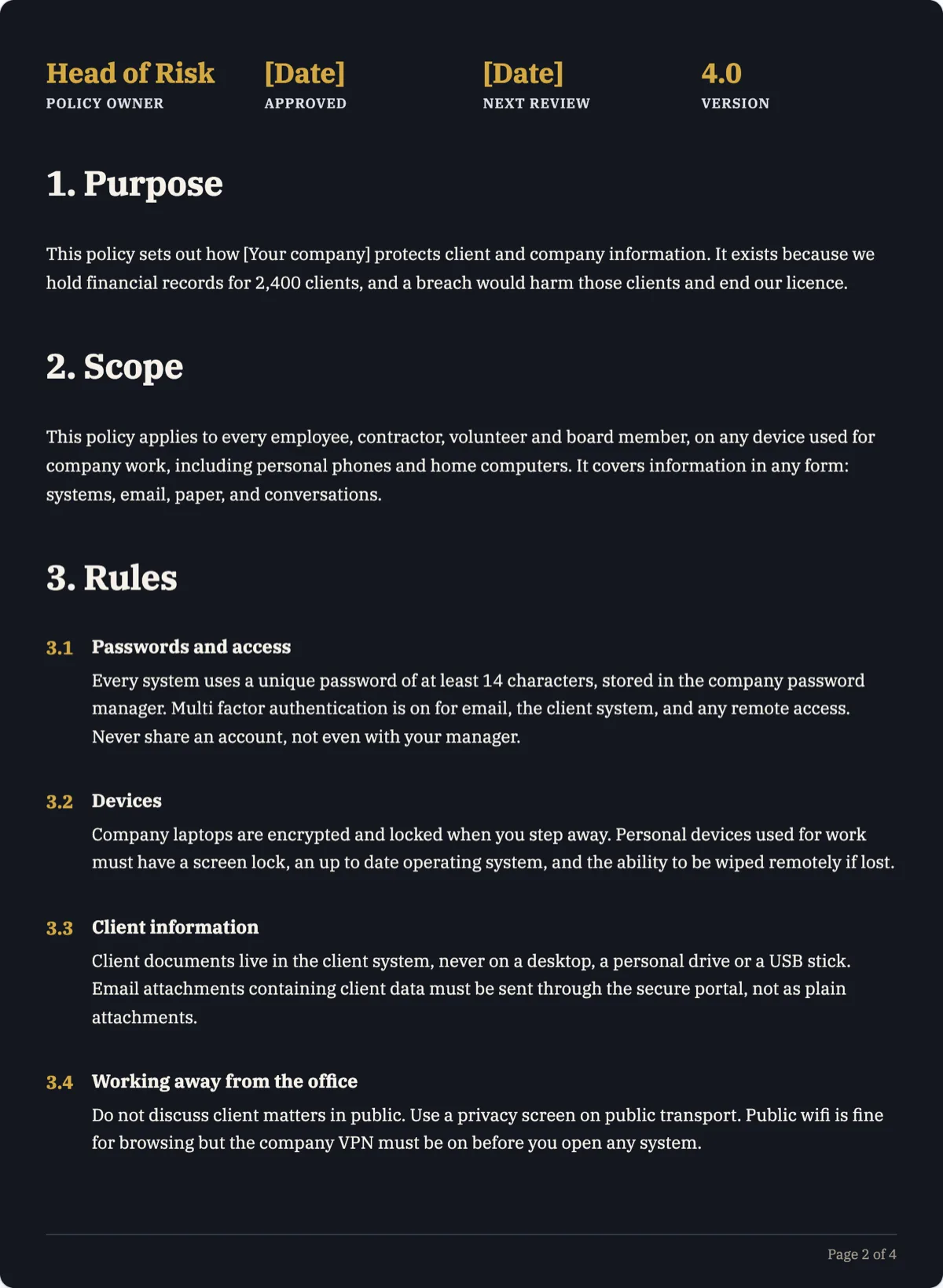 The Company Policy template, first page after the cover
