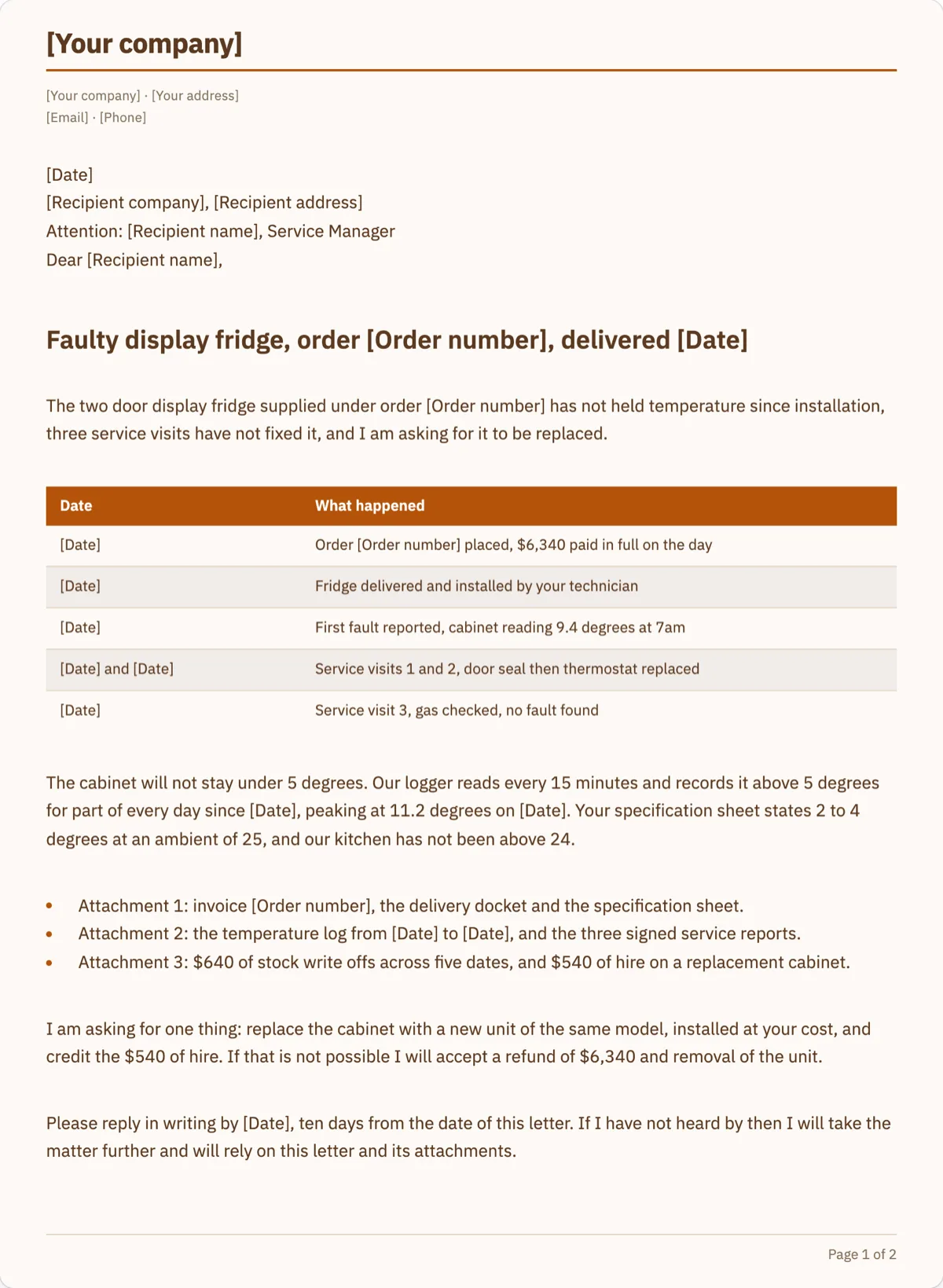 The Complaint Letter to a Supplier template, first page