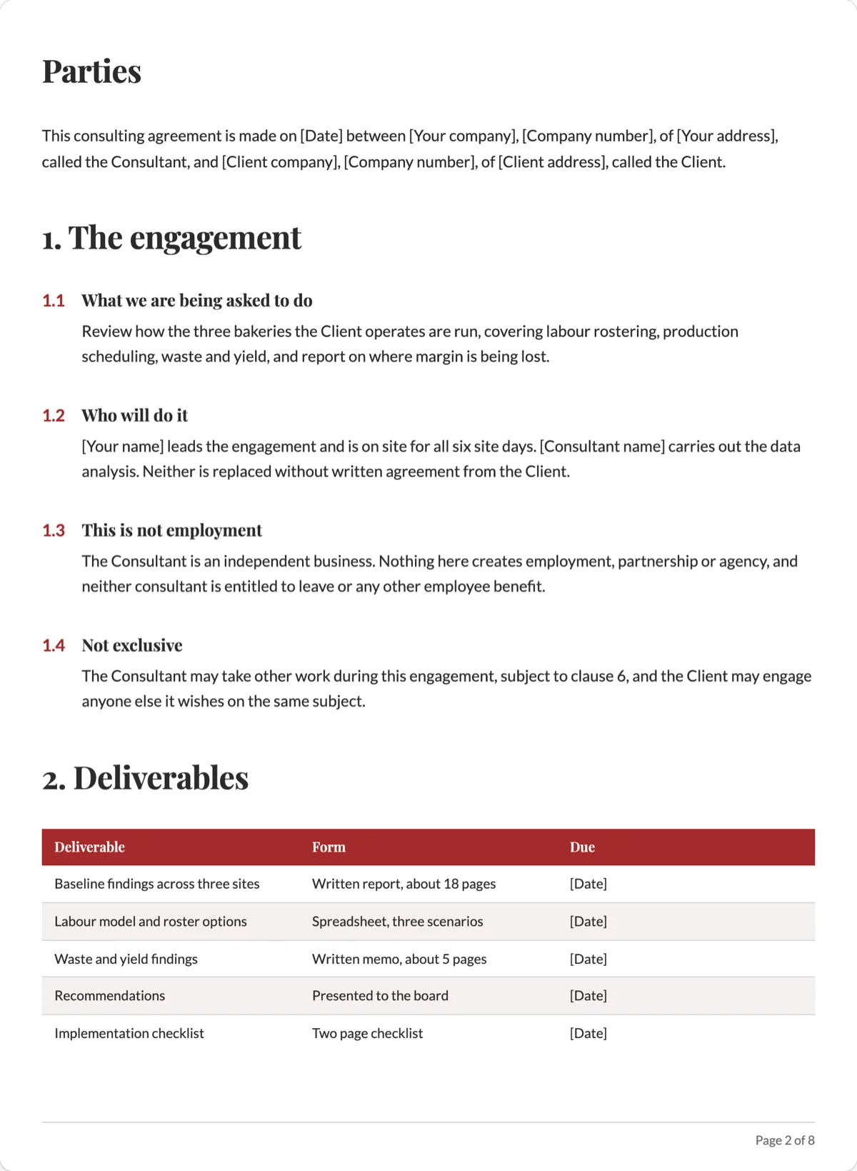 The Consulting Agreement template, first page after the cover