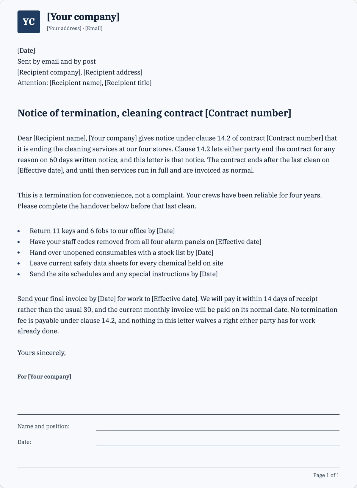 The Contract Termination Letter template, first page