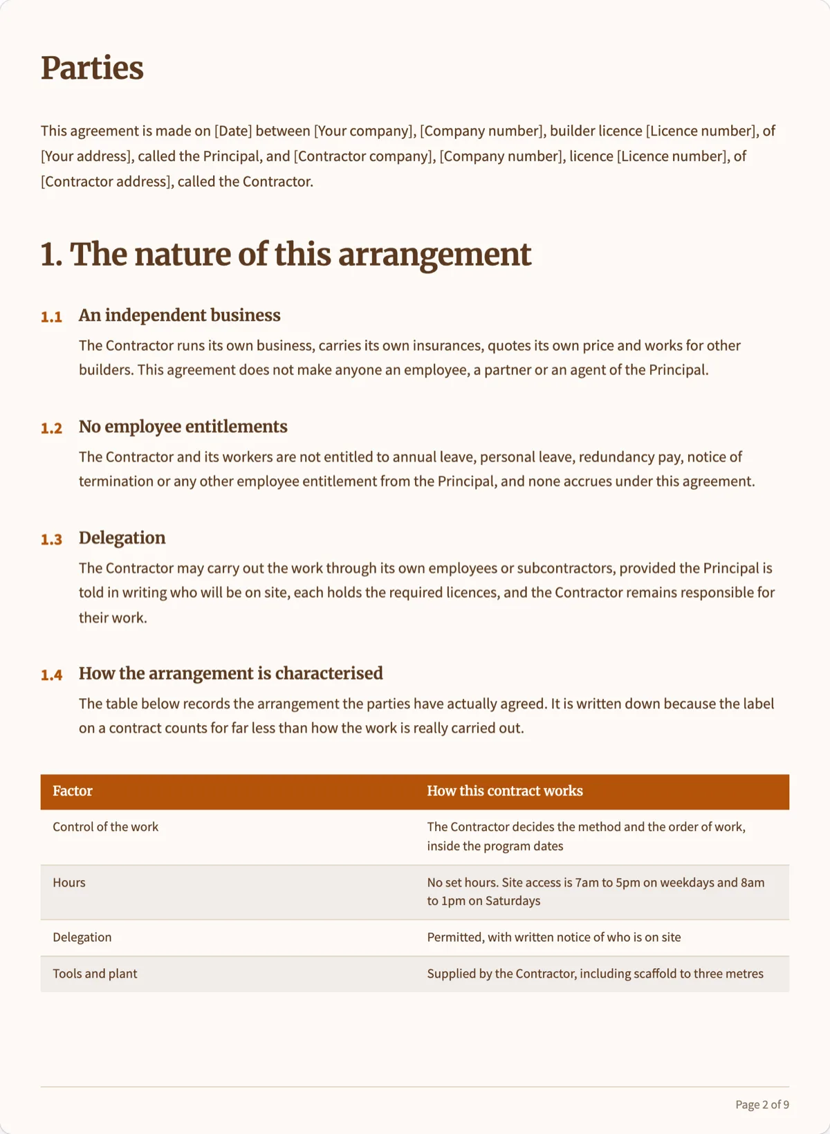 The Contractor Agreement template, first page after the cover