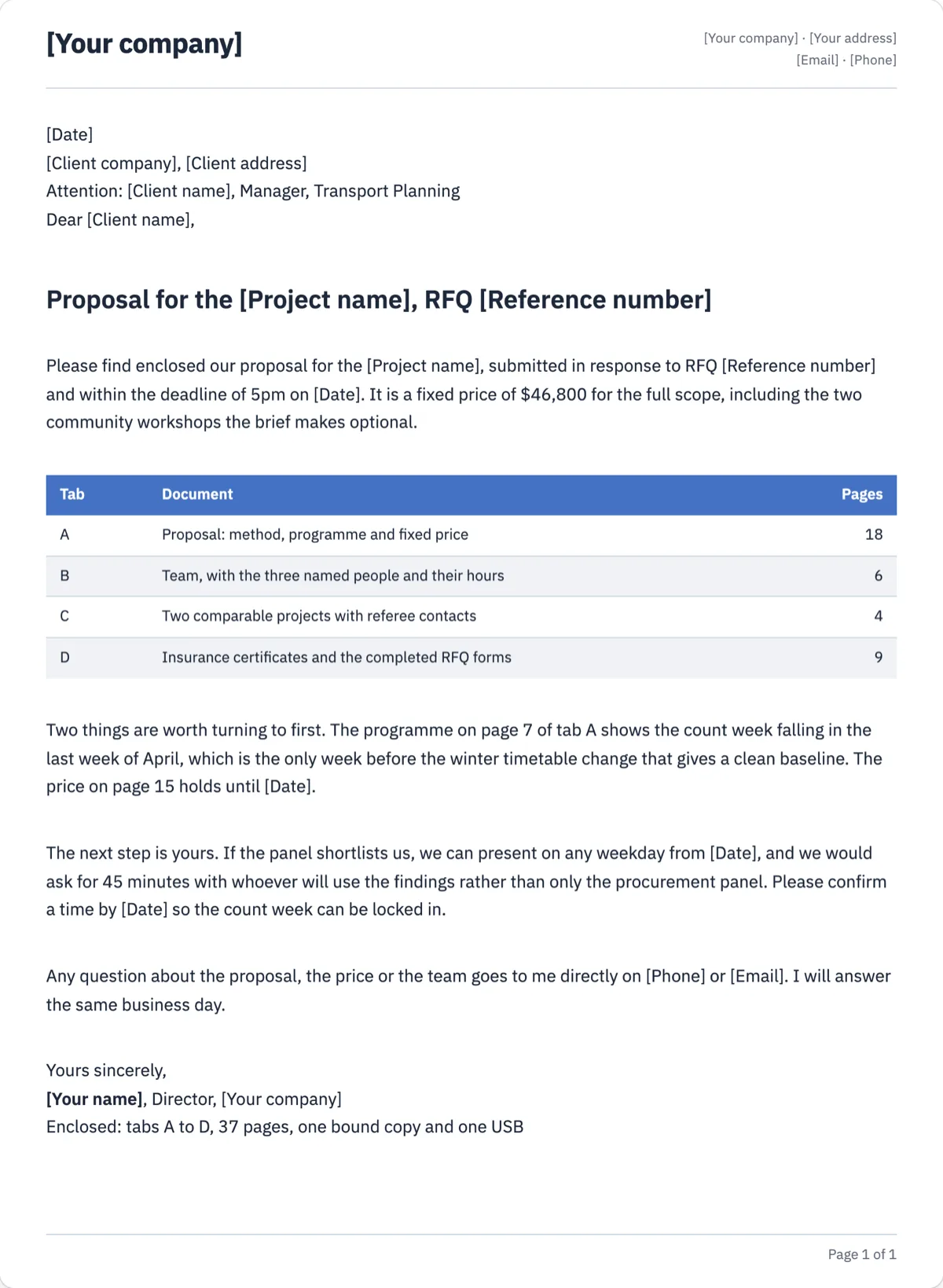 The Business Cover Letter template, first page