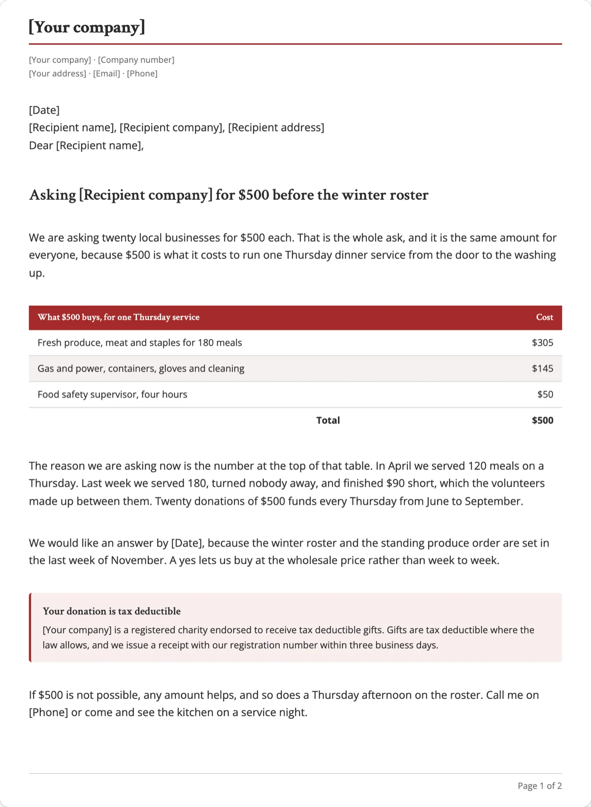 The Donation Request Letter template, first page