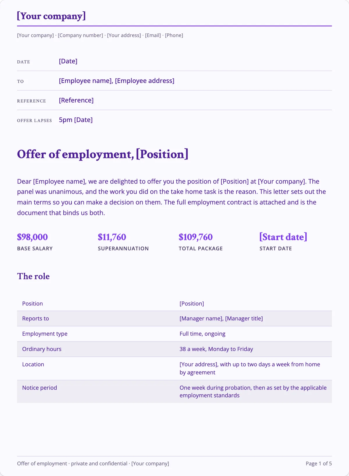 The Employment Offer Letter template, first page