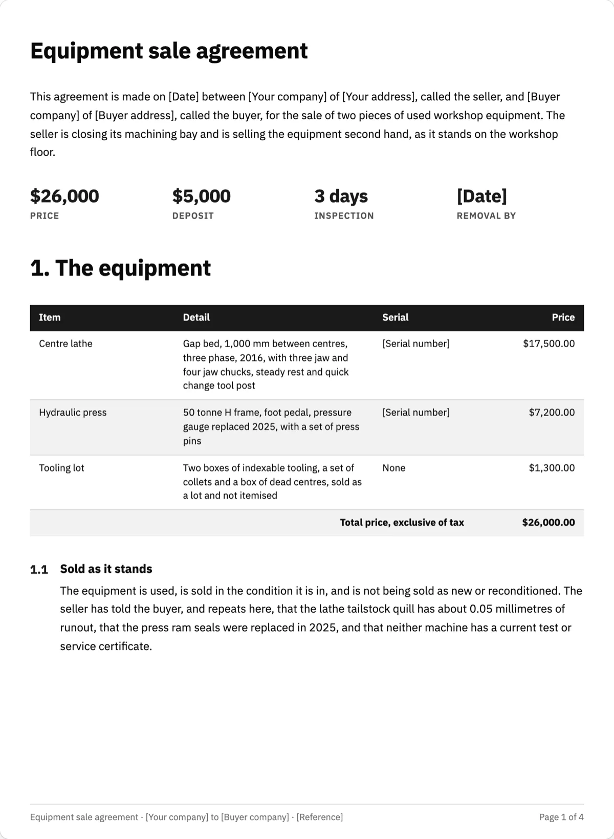 The Equipment Sale Agreement template, first page