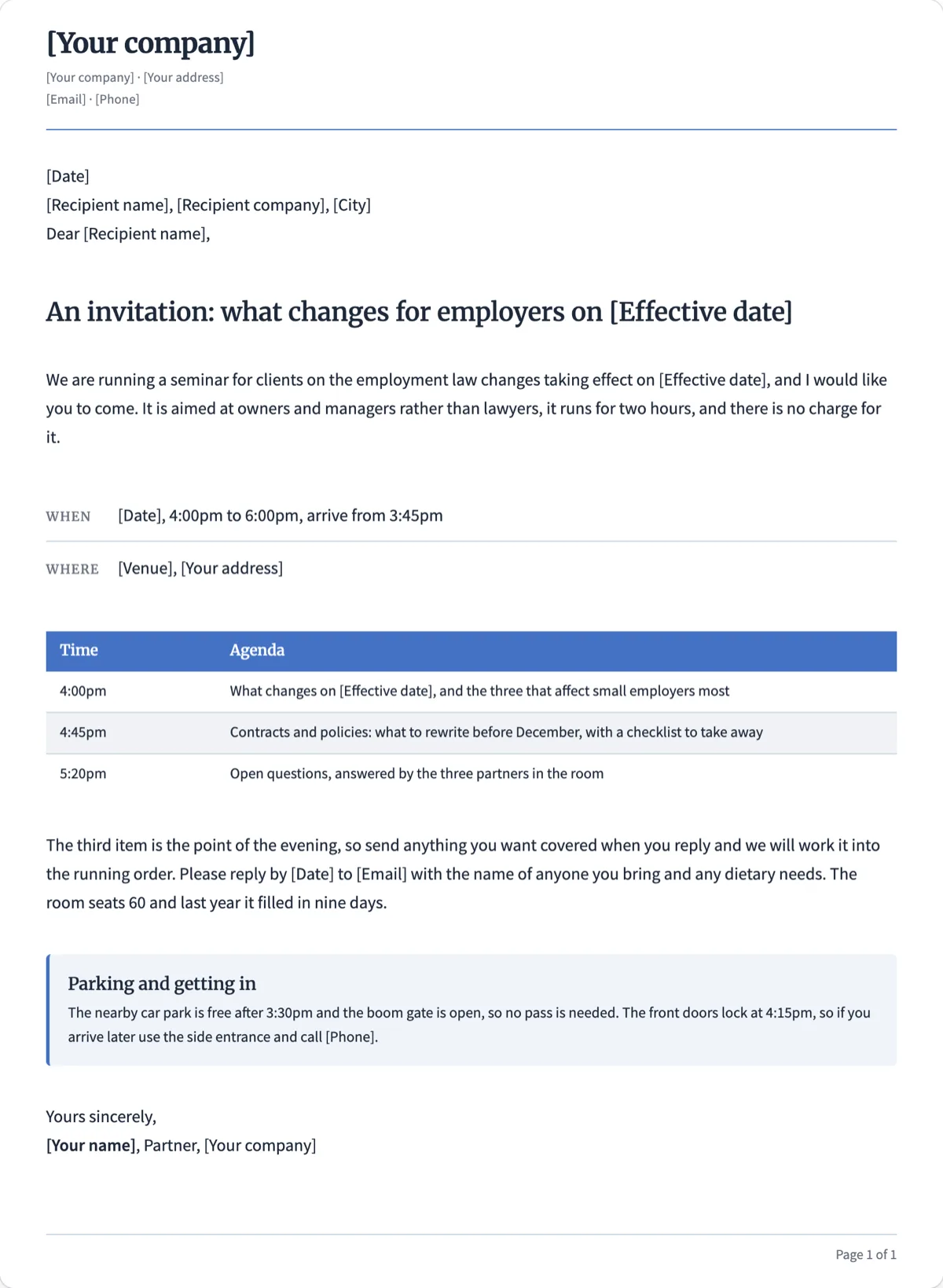 The Business Event Invitation template, first page