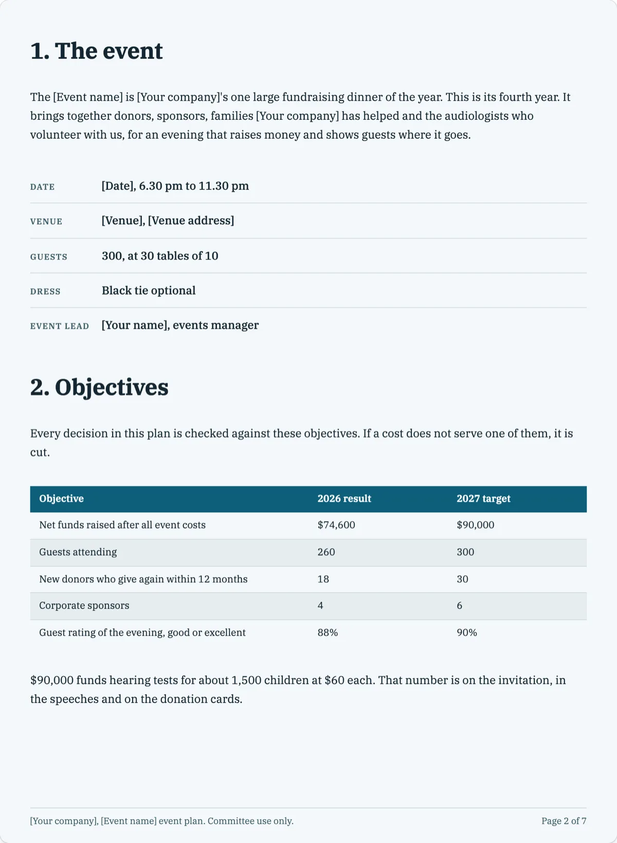 The Event Plan template, first page after the cover