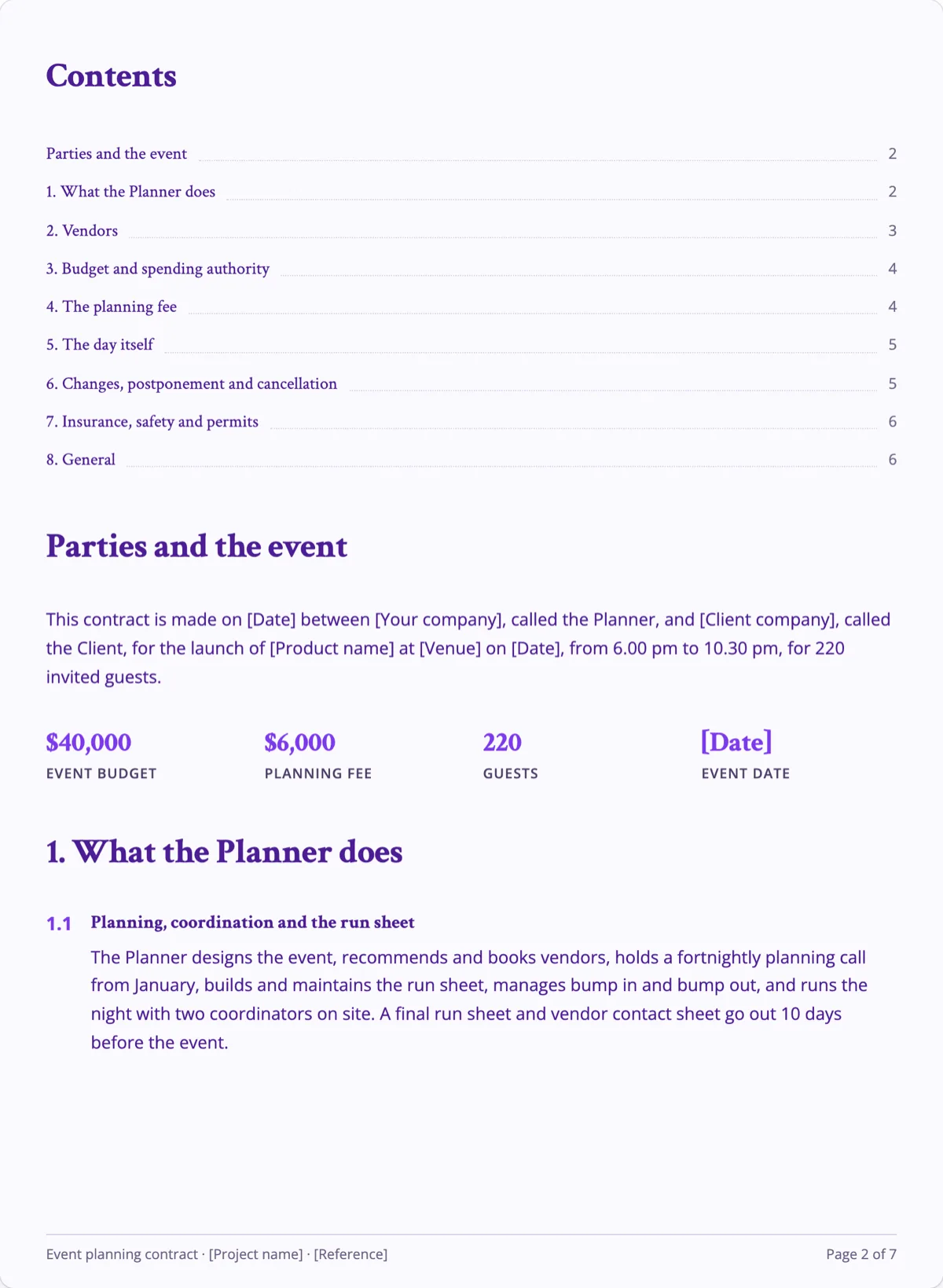The Event Services Contract template, first page after the cover