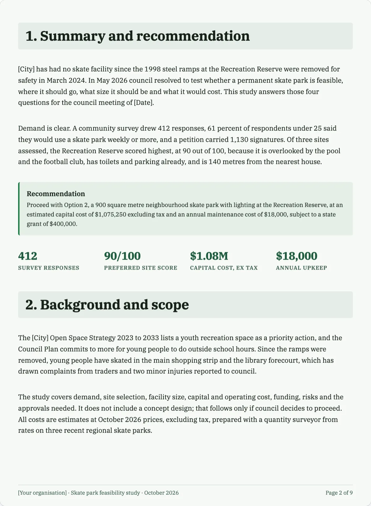 The Feasibility Study template, first page after the cover